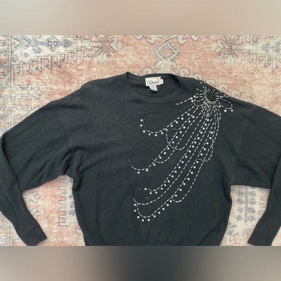 Rimini VTG 80s Chic Glam Black Beaded Wool Angora Knit Sweater Womens Large - Picture 2 of 5